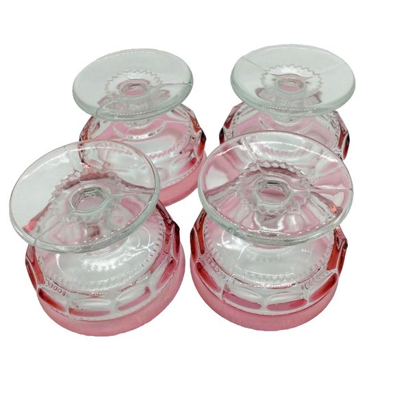 4 King's Crown Vintage Cranberry Flashed Band Thumbprint Footed Sherbet Compotes - Picture 3 of 6